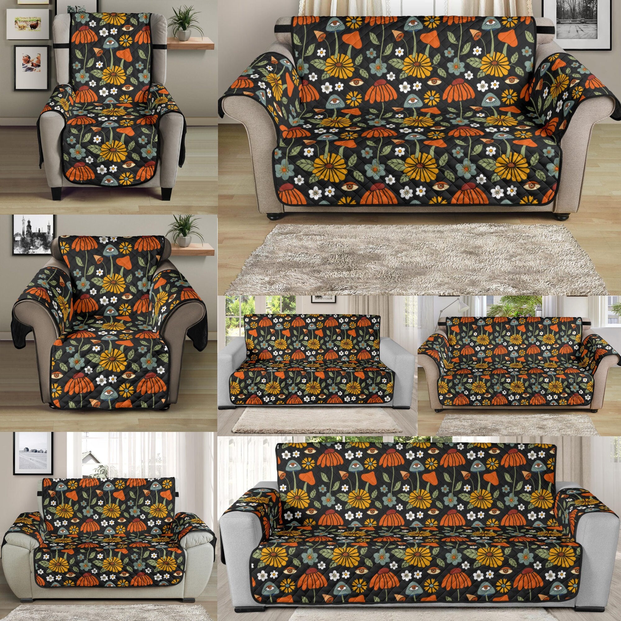 Hippie Mushroom Print Sofa Cover, Quilted Couch Cover, Lounge Pet  Protector, Recliner Chair Cover, Slip Cover Retro, XL Couch Sofa Cover 
