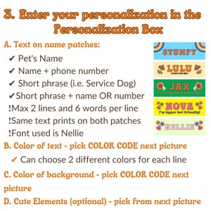 May include: A guide for customizing pet name patches with text options, color choices, and cute elements.  The text options include pet's name, name and phone number, short phrase, and short phrase with name or number.  The guide also includes examples of personalized patches with different names and designs.