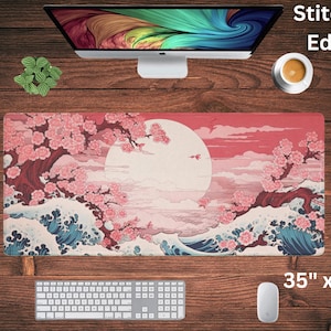 Great Wave Schreibtischmatte, Japanische Welle Schreibtischmatte, Schreibtischmatte Ästhetik, Schreibtischmatte Cute, Pink Sakuras Gaming Mat, Tastatur Handgelenkauflage, Großes Mousepad