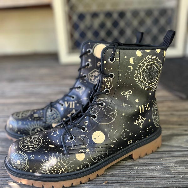 Celestial Boots, Combat Boots Women, Witchy Boots, Handcrafted Boots, Ankle Boots, Boots Womens, Hippie Boots, Celestial Gifts, Astral Print