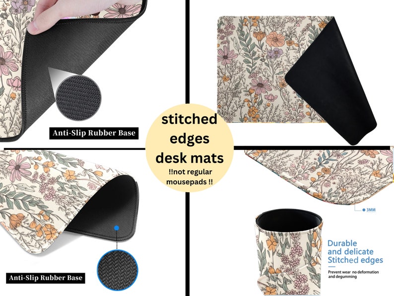 May include: A floral patterned desk mat with stitched edges and a non-slip rubber base. The mat is shown folded in half, revealing the black underside. The text "stitched edges desk mats" and "!!not regular mousepads!!" is visible in the image.
