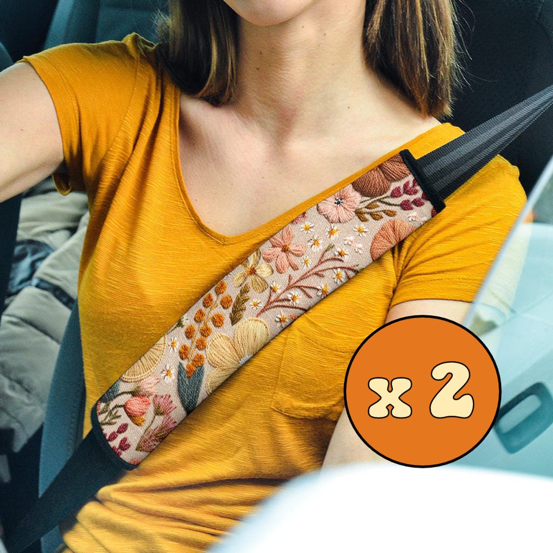 Wildflower Meadow Seat Belt Cover Faux Embroidery, Boho Floral Seat