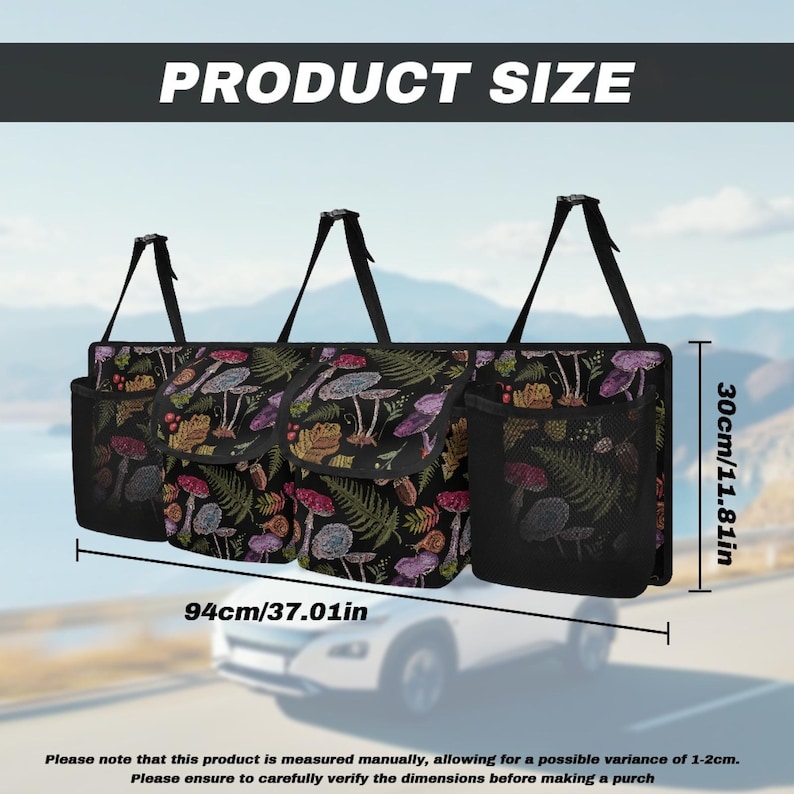 May include: Black car organizer with a mushroom and fern pattern. The organizer is 37.01 inches wide and 11.81 inches high. It has multiple pockets and hanging straps. The text "PRODUCT SIZE" is at the top.