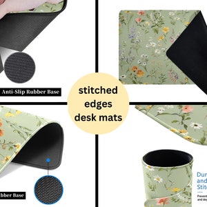 May include: Green floral desk mat with stitched edges and a non-slip rubber base. The mat features a delicate floral pattern with small white, yellow, and pink flowers on a light green background. The mat is 3 mm thick and has a non-slip rubber base to prevent it from sliding on your desk.