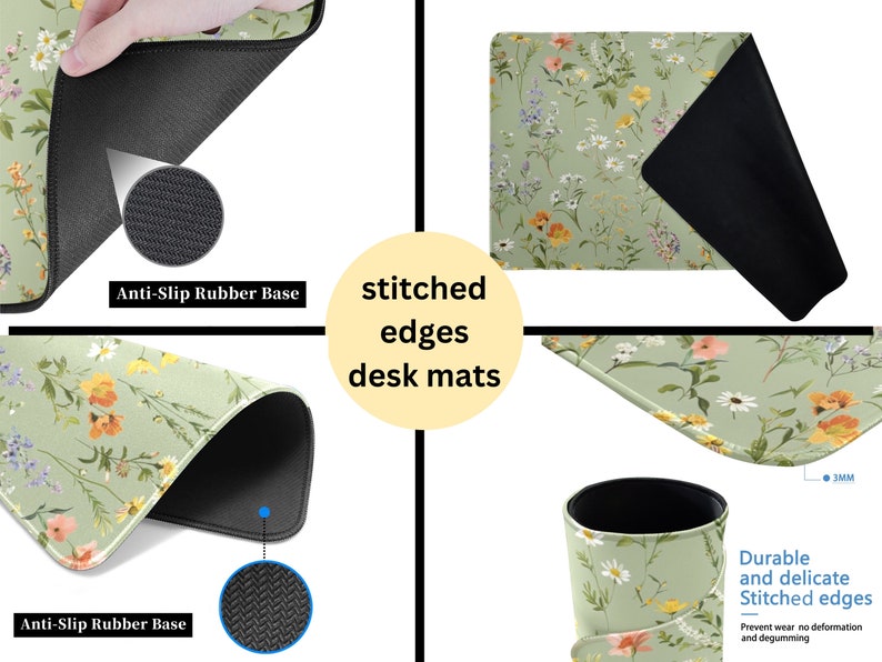 May include: Green floral desk mat with stitched edges and a non-slip rubber base. The mat features a delicate floral pattern with small white, yellow, and pink flowers on a light green background. The mat is 3 mm thick and has a non-slip rubber base to prevent it from sliding on your desk.