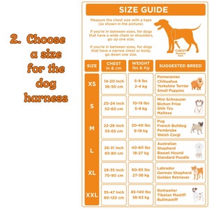 May include: A size guide for dog harnesses with a chart showing different sizes in inches and centimeters, corresponding weight in pounds and kilograms, and suggested dog breeds for each size.