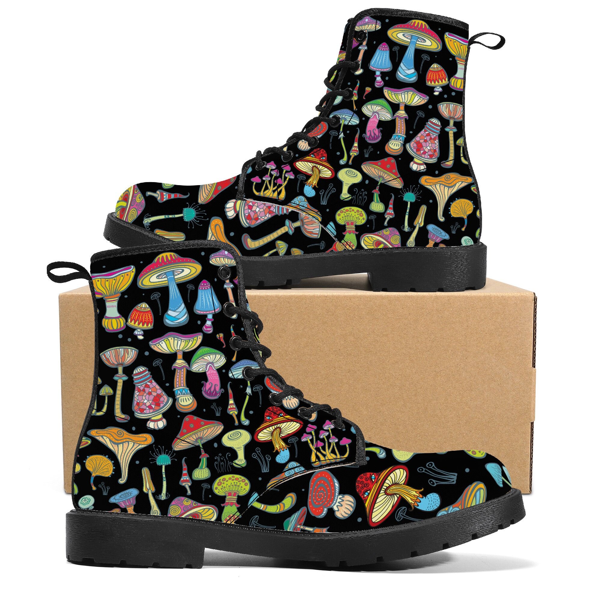 Magic Mushroom Vegan Leather Boots, Witchy Boots, Handcrafted Boots, Ankle Boots, Combat Boots, Mens Boots, Hippie Boots, Trippy Hippie