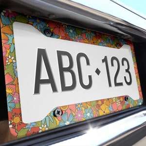 Hippie Flowers License Plate Frame, License Frame, Car License Plate Frame, License Plate Cover, Car Accessories For Women, Smiling Flowers