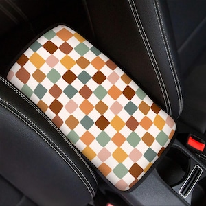 Boho Checkered Center Console Cover, Boho Car Center Console Cover, Interior Car Decor, Auto Center Console Lid Cover, Cute Car Accessories