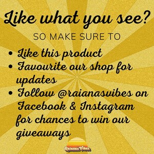 Puede incluir: Un gr&aacute;fico amarillo y dorado con un patr&oacute;n de rayos de sol. El texto "Like what you see? SO MAKE SURE TO" est&aacute; en la parte superior. El texto "Like this product", "Favourite our shop for updates", y "Follow @raianasvibes on Facebook & Instagram for chances to win our giveaways" est&aacute; listado debajo. El texto "Raiana's Vibes" est&aacute; en la parte inferior.