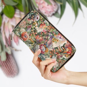Portefeuille de fleurs indigènes australiennes, portefeuille mignon, portefeuille femmes, portefeuille en cuir végétalien, sac à main mignon, fleurs Protea, Gumnut, fleurs australiennes