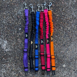 May include: Six colorful retractable dog leashes with a spring-loaded mechanism and a metal clip. The leashes are purple, black, blue, red, pink, and orange.