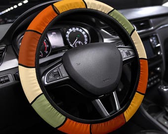 Retro Color Block Steering Wheel Cover for Women, Earthy 70s Car Wheel Cover, Cute Car Accessories, Gift for New Driver