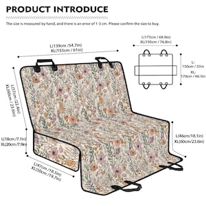 Peut inclure: Une housse de si&egrave;ge de voiture beige avec un motif floral dans les tons de rose, orange et vert. Les dimensions sont indiqu&eacute;es en cm, avec une longueur de 139 cm et une largeur de 57 cm. Elle comporte des poign&eacute;es et des sangles.