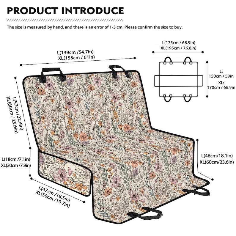 Peut inclure: Une housse de si&egrave;ge de voiture beige avec un motif floral dans les tons de rose, orange et vert. Les dimensions sont indiqu&eacute;es en cm, avec une longueur de 139 cm et une largeur de 57 cm. Elle comporte des poign&eacute;es et des sangles.