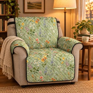 Green Floral Sofa Cover for Dogs and Cats, Sage Quilted Couch Protector, Washable Recliner Chair Cover