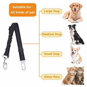 May include: Black retractable dog leash with a metal clip and a seatbelt attachment. The leash is suitable for all kinds of pets, including large, medium, small dogs, and other pets.