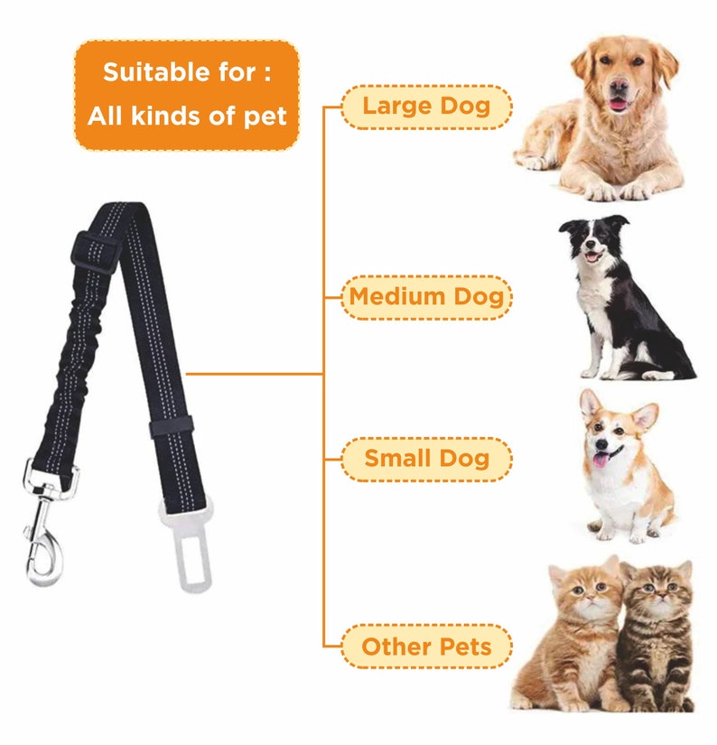May include: Black retractable dog leash with a metal clip and a seatbelt attachment. The leash is suitable for all kinds of pets, including large, medium, small dogs, and other pets.