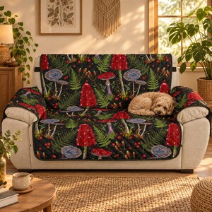 Mushroom Couch Cover for Dogs and Cats, Red Toadstool Quilted Sofa Protector, Washable Recliner Chair Cover
