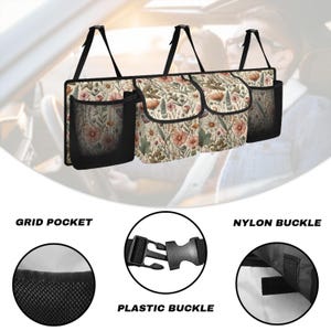 May include: A floral patterned car organizer with three compartments and two side pockets. The organizer has a black nylon buckle and a black plastic buckle. The organizer also has a grid pocket.