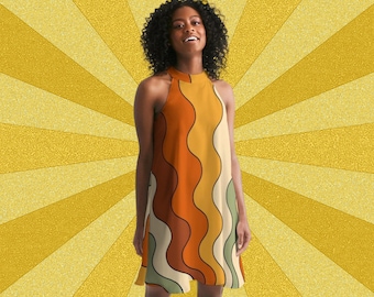 70s Dress, 70s Clothing, Retro Stripes, Large 70s Halter Dress, Sleeveless Dress, Retro Clothing Women, Music Festival, Cool Hippie Dress