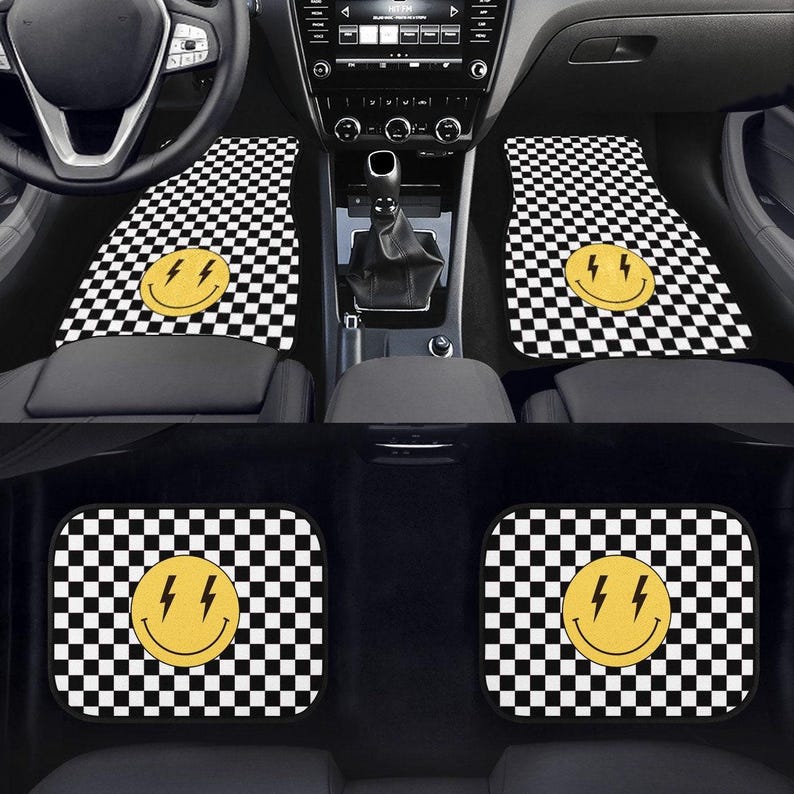 y2k Aesthetic, Preppy Decor, Car Floor Mats, Car Mat, White Checkered Floor Mats For Car, Lightning Bolts, Cute Car Mats, Car Accessories image 2