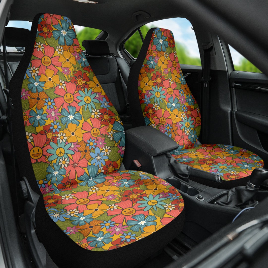 Retro Bunte Lächelnde Blumen Auto Sitzbezüge Hippie Auto Dekor