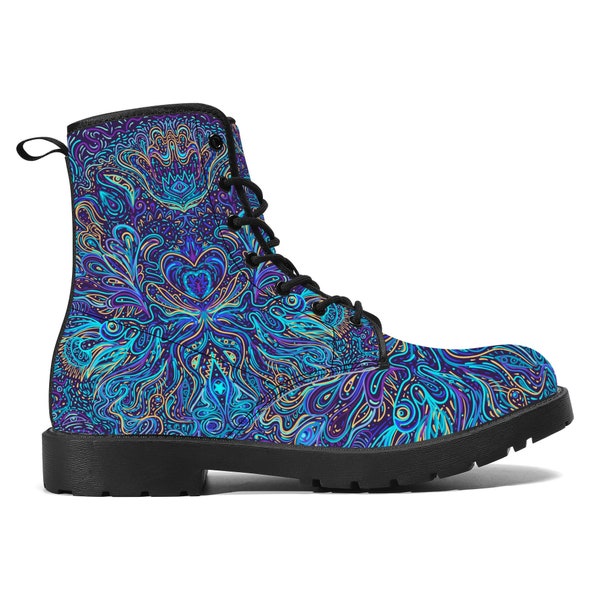 Art psychédélique, bottes en cuir végétalien, bottes de sorcière, bottes fabriquées à la main, bottes pour hommes, bottes de combat, tenue de rave, bottes hippies, trippy hippie