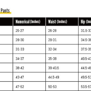 Puede incluir: Tabla de tallas para pantalones de ch&aacute;ndal con medidas en pulgadas para la cintura, la cadera y la talla num&eacute;rica. La tabla incluye las tallas XS a XXXL.