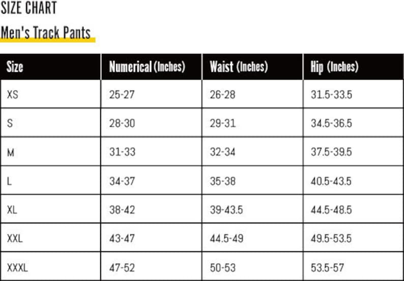 Puede incluir: Tabla de tallas para pantalones de ch&aacute;ndal con medidas en pulgadas para la cintura, la cadera y la talla num&eacute;rica. La tabla incluye las tallas XS a XXXL.