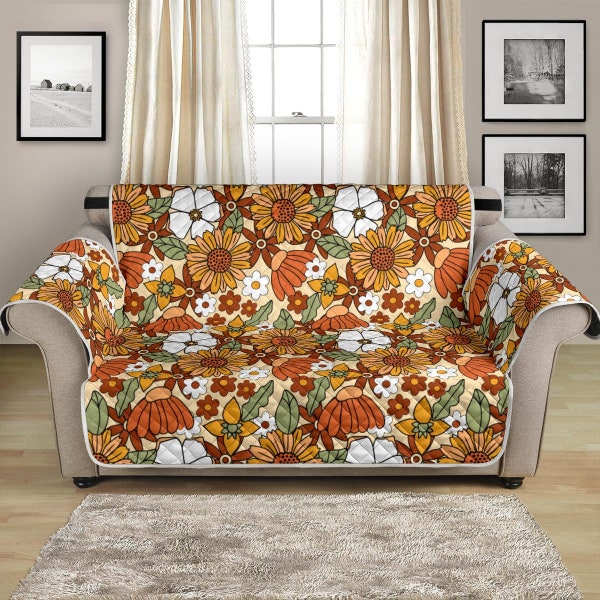 Retro Floral Print Sofa Cover, Quilted Couch Cover, Lounge Pet Protector, Recliner Chair Cover, Cottagecore Slip Cover, XL Couch Sofa Cover