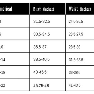 May include: A size chart showing women's clothing sizes in US sizes, numerical sizes, bust, waist, and hip measurements in inches.