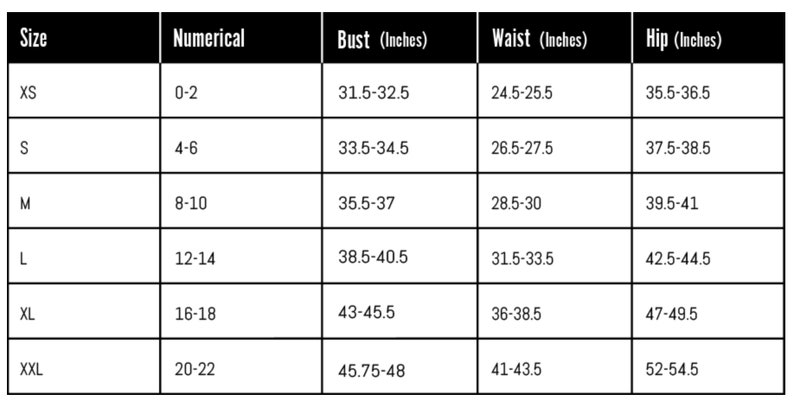 May include: A size chart showing women's clothing sizes in US sizes, numerical sizes, bust, waist, and hip measurements in inches.