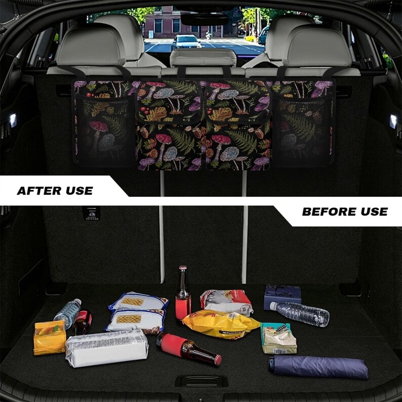 May include: A car trunk organizer with a black background and a colorful mushroom and fern pattern. The organizer hangs from the back of the car seats. The image shows the organizer in use and the trunk before use. The text "AFTER USE" and "BEFORE USE" are visible.