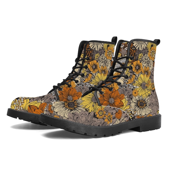 Floral Pattern Vegan Leather Boots, Handcrafted Boots, Ankle Boots, Combat Boots, Classic Boots, Hippie Boots, Floral Boots, Gift For Her