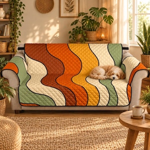 Retro Groovy Couch Cover for Dogs and Cats, 70s Wavy Quilted Sofa Protector, Washable Recliner Chair Cover
