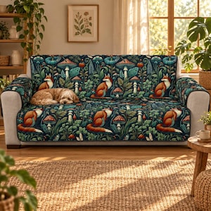 Woodland Fox Couch Cover for Dogs and Cats, Cottagecore Quilted Sofa Protector, Washable Recliner Chair Cover