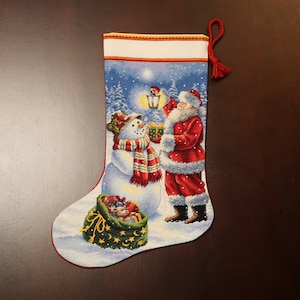 Personalized Christmas Stocking with hand embroidered Santa Claus and Snowman. Original Dimensions Gold Collection- Holiday Glow Stocking