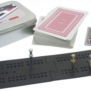 Planche à cribbage de voyage / de poche Brimtoy en étain avec cartes à jouer et chevilles