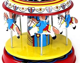 May include: A vintage-style tin toy carousel with a red, yellow, and blue striped canopy. Four horses with riders in blue and white clothing circle around the center pole. The carousel is on a red base with a yellow platform.
