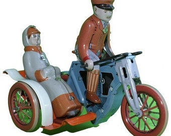 Vintage motorfiets met zijspan blikken speelgoed voor verzamelaars