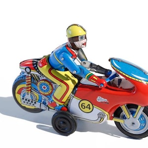 Pode incluir: Uma motocicleta de brinquedo colorida com um piloto usando um capacete amarelo e um macacão de corrida azul e vermelho. A motocicleta tem um corpo vermelho, detalhes azuis e amarelos, e o número 64 no lado.
