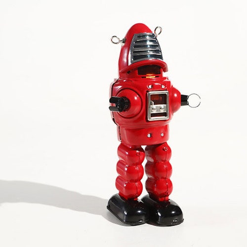 Robot spatial étincelant rouge à collectionner en étain jouet