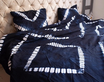 Indigo Blue Shibori Tie Dye Cotton Duvet Cover with Two Pillowcases