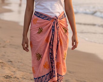 Hand Block Print Pink Tropical Leaf Cotton Sarong | Beach Cover Up, Summer Scarf