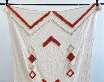 Hand Tufted Cotton Throw Blanket: White & Rust Orange, 52x72 Inch
