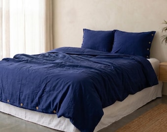 Navy Blue Cotton Duvet Cover with Two Pillowcases - Queen, King, & Custom Sizes Cotton Bedding
