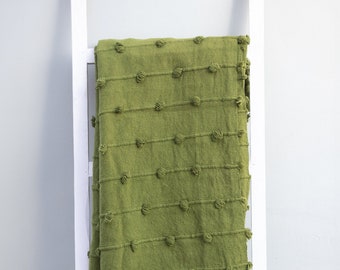 Moss Green Loops Hand Loom Chunky Woven Sofa Throw Blankets - Decorative Chunky Loops Green Cotton Throw Blanket 52x72 Inch