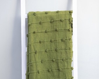 Moss Green Hand Woven Cotton Throw Blanket with Chunky Loops (52x72 Inch)