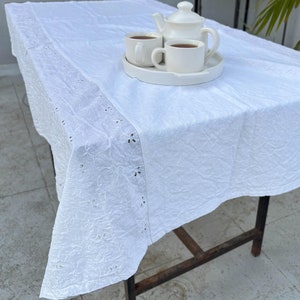 Embroidered White Cotton Table Cover: Heavy Wedding Tablecloth